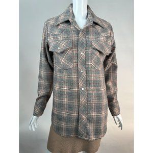 Foxy Western Plaid Pearl Snap Shirt Small Grey 70% Polyester, 30% wool Vintage